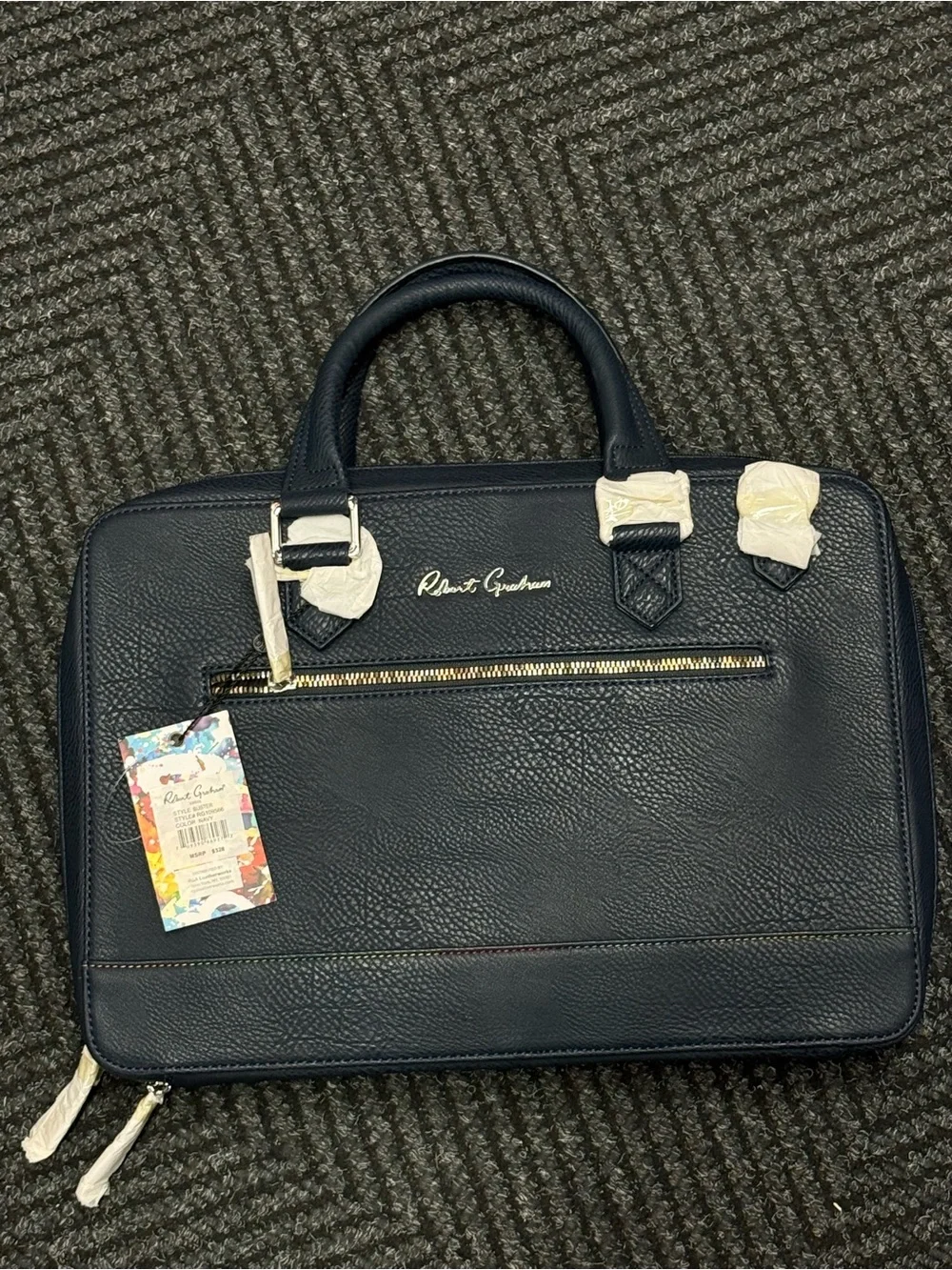 Robert Graham Navy Leather Briefcase with Gold Hardware